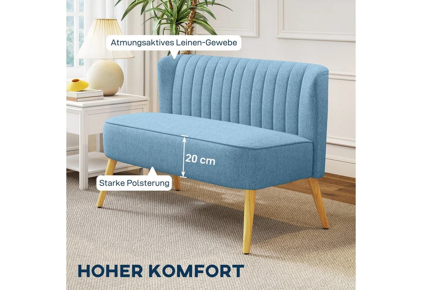 HOMCOM 2-Sitzer Sofa Blau Leinenoptik Massivholzbeine - Bild 4