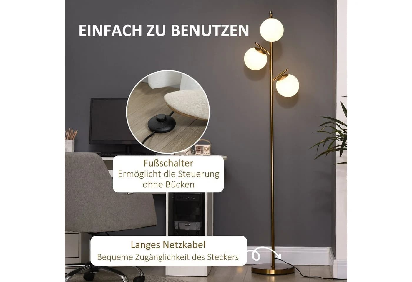 HOMCOM Stehlampe mit 3 E27 Fassungen Gold Weiß Metall Glas - Bild 5