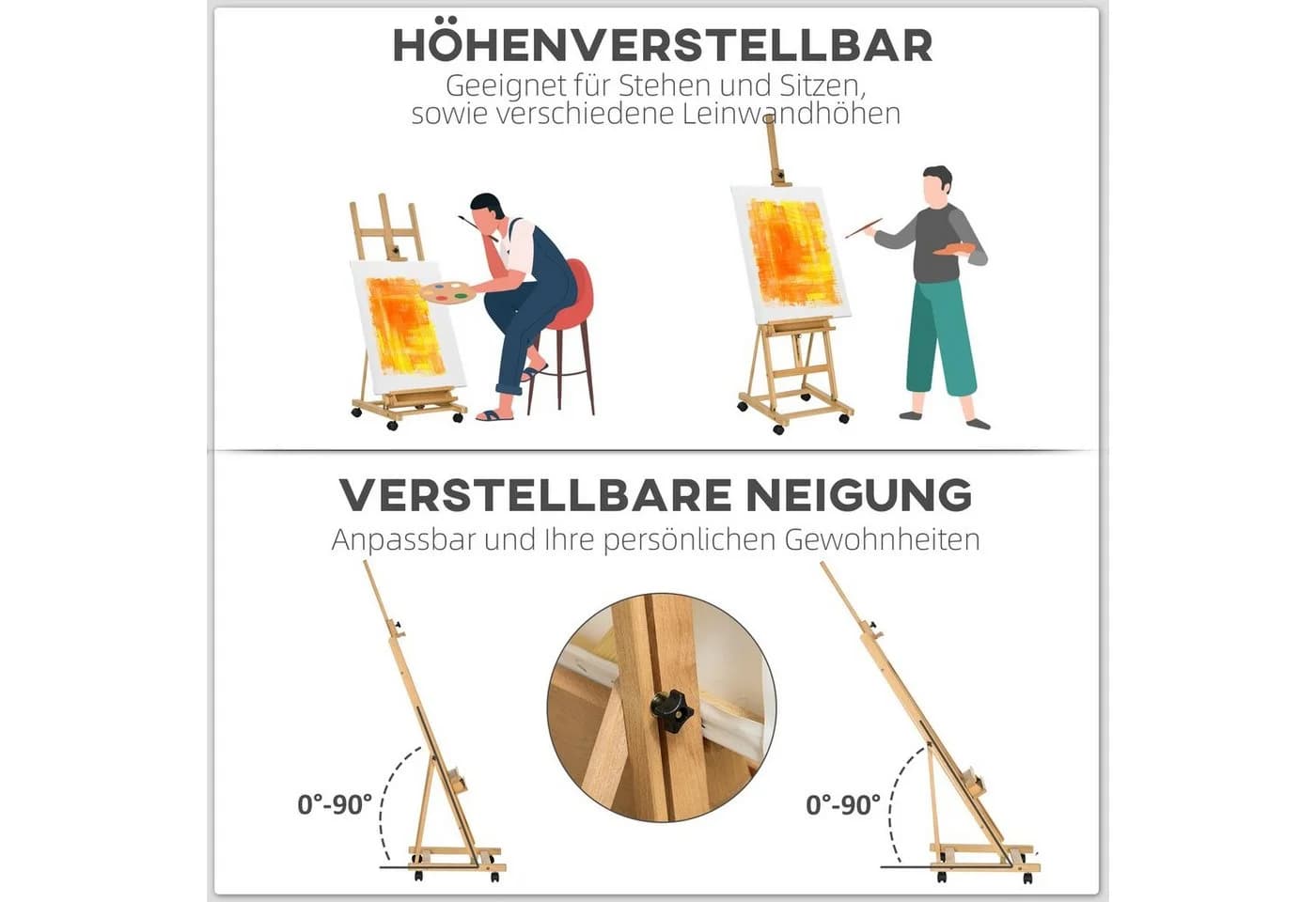 Vinsetto Staffelei Höhenverstellbarer Leinwand Ständer mit Halterung für Kunstmalerei, Naturholz - Bild 4