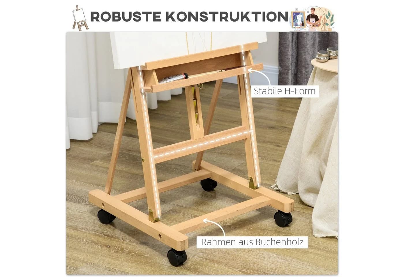 Vinsetto Staffelei Höhenverstellbarer Leinwand Ständer mit Halterung für Kunstmalerei, Naturholz - Bild 5
