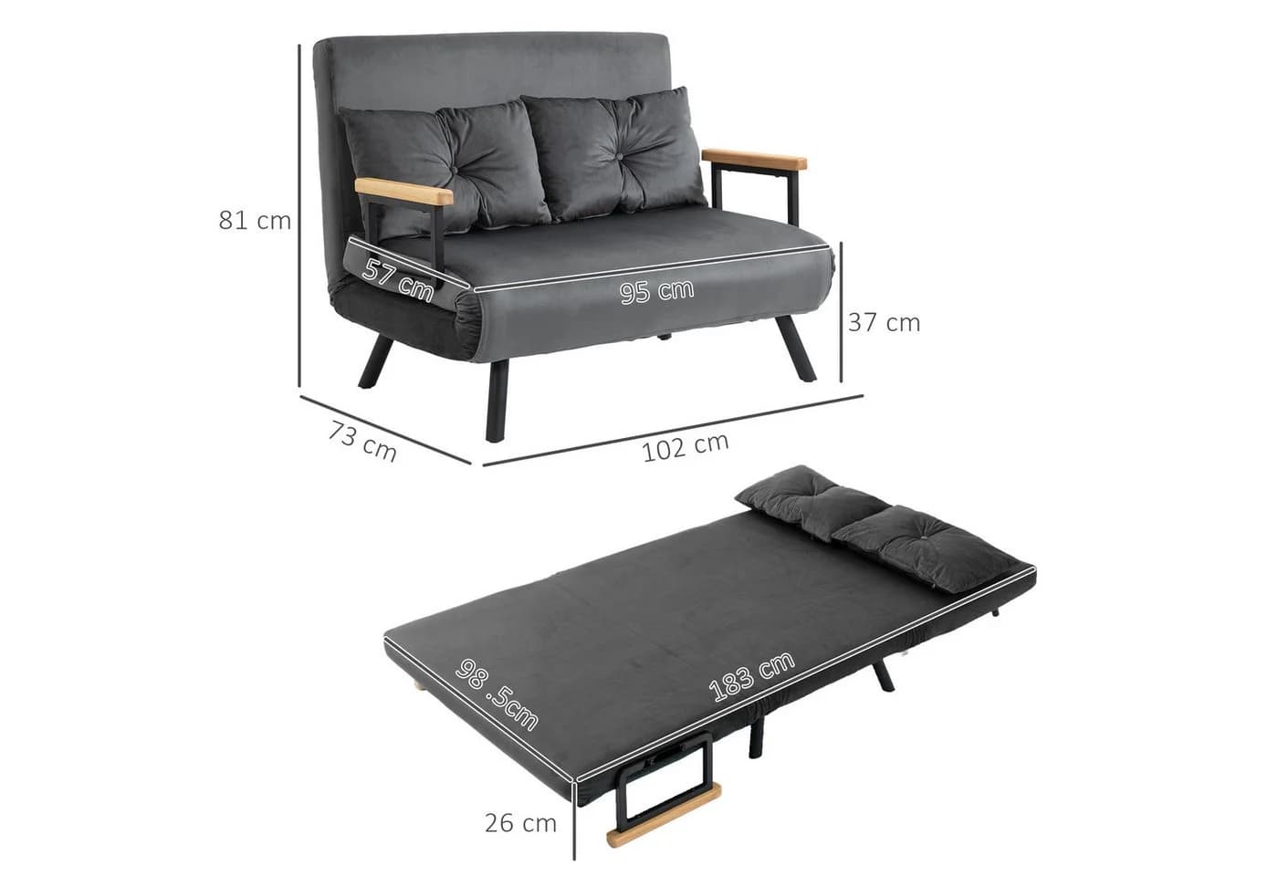 HOMCOM Schlafsofa Dunkelgrau Zweisitzer mit verstellbarer Rückenlehne - Bild 3