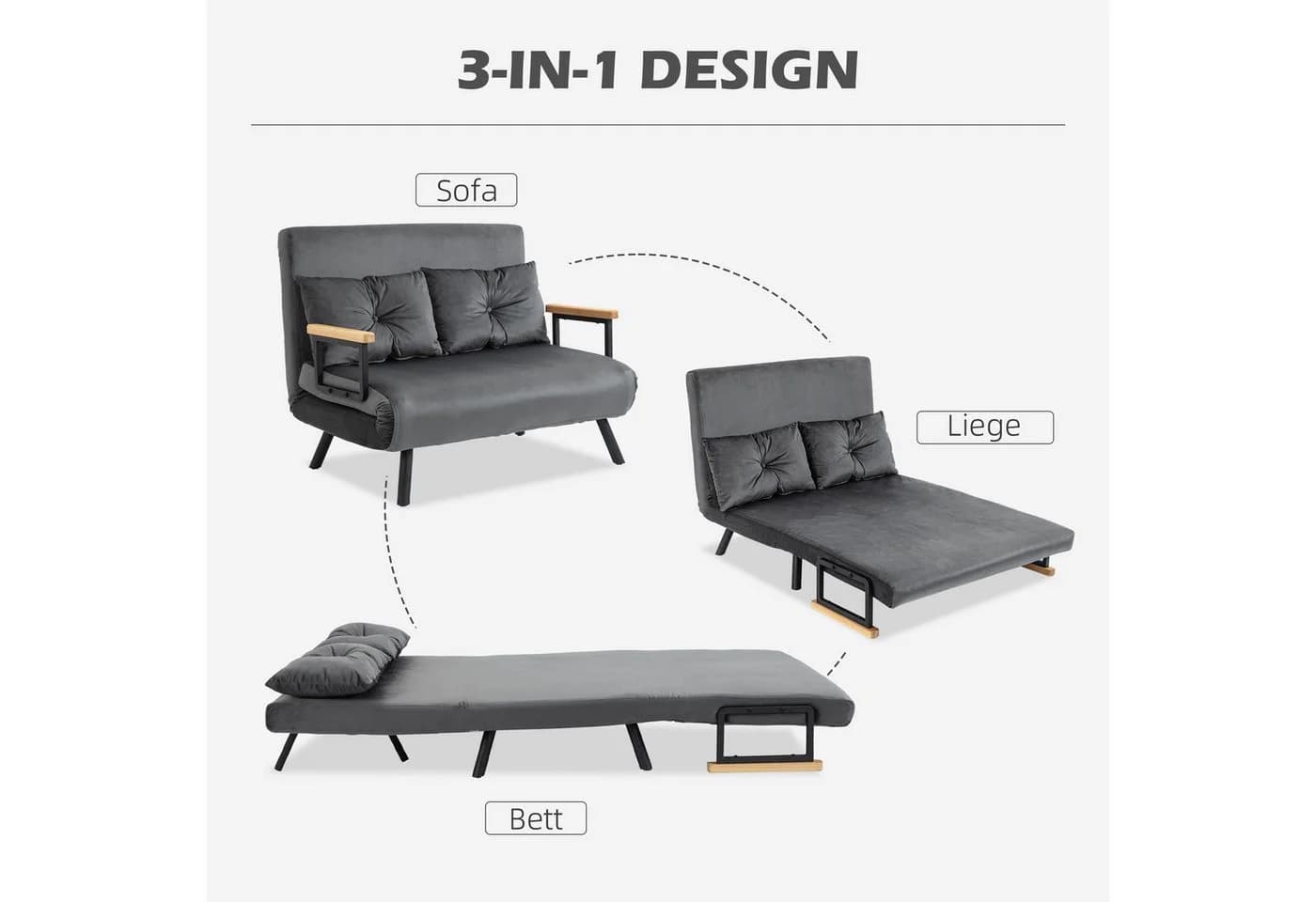 HOMCOM Schlafsofa Dunkelgrau Zweisitzer mit verstellbarer Rückenlehne - Bild 4