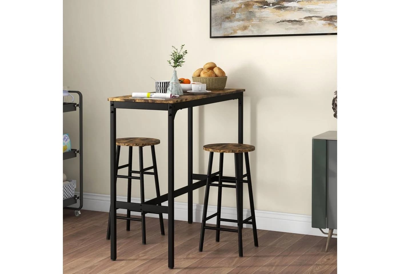 HOMCOM Bartisch-Set 3-tlg. mit 2 Hockern Rustikal-Braun MDF Stahl