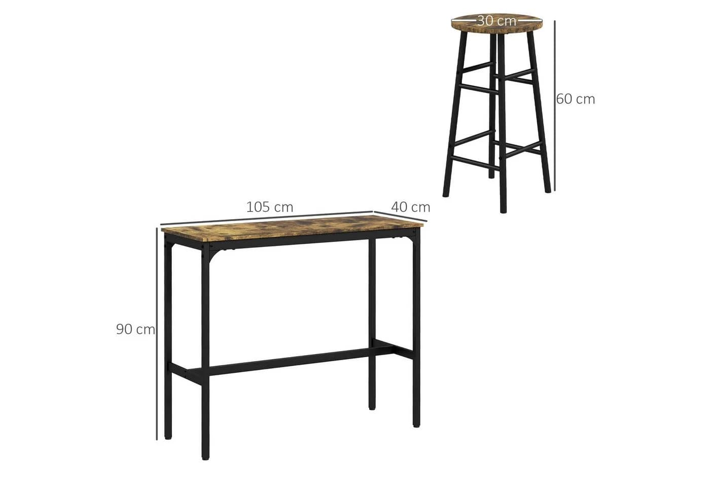 HOMCOM Bartisch-Set 3-tlg. mit 2 Hockern Rustikal-Braun MDF Stahl - Bild 3