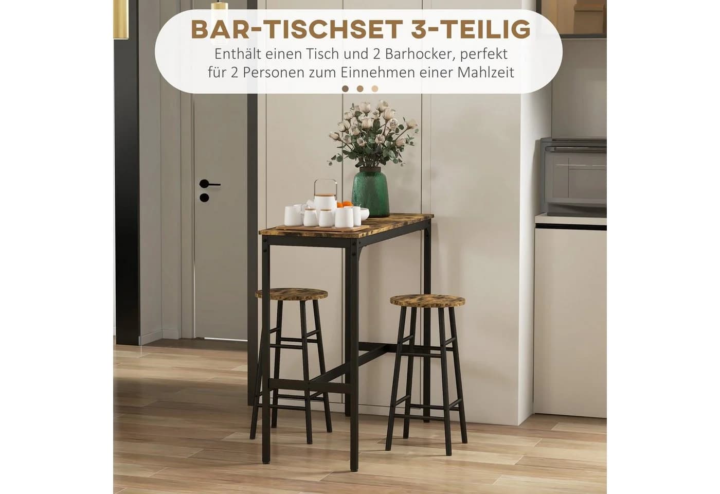 HOMCOM Bartisch-Set 3-tlg. mit 2 Hockern Rustikal-Braun MDF Stahl - Bild 4