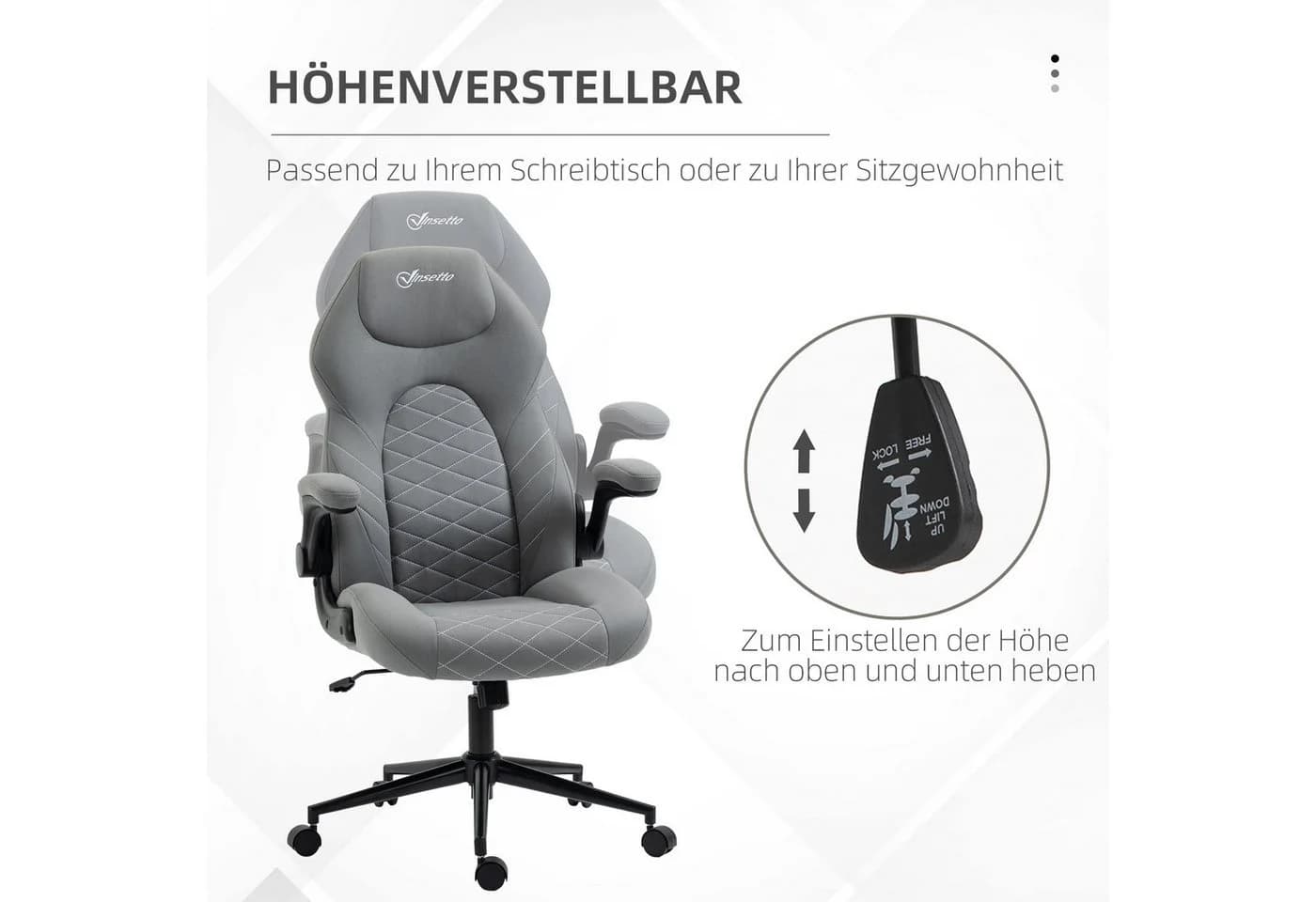 Vinsetto Bürostuhl Hellgrau Höhenverstellbar mit Klapparmlehnen - Bild 4