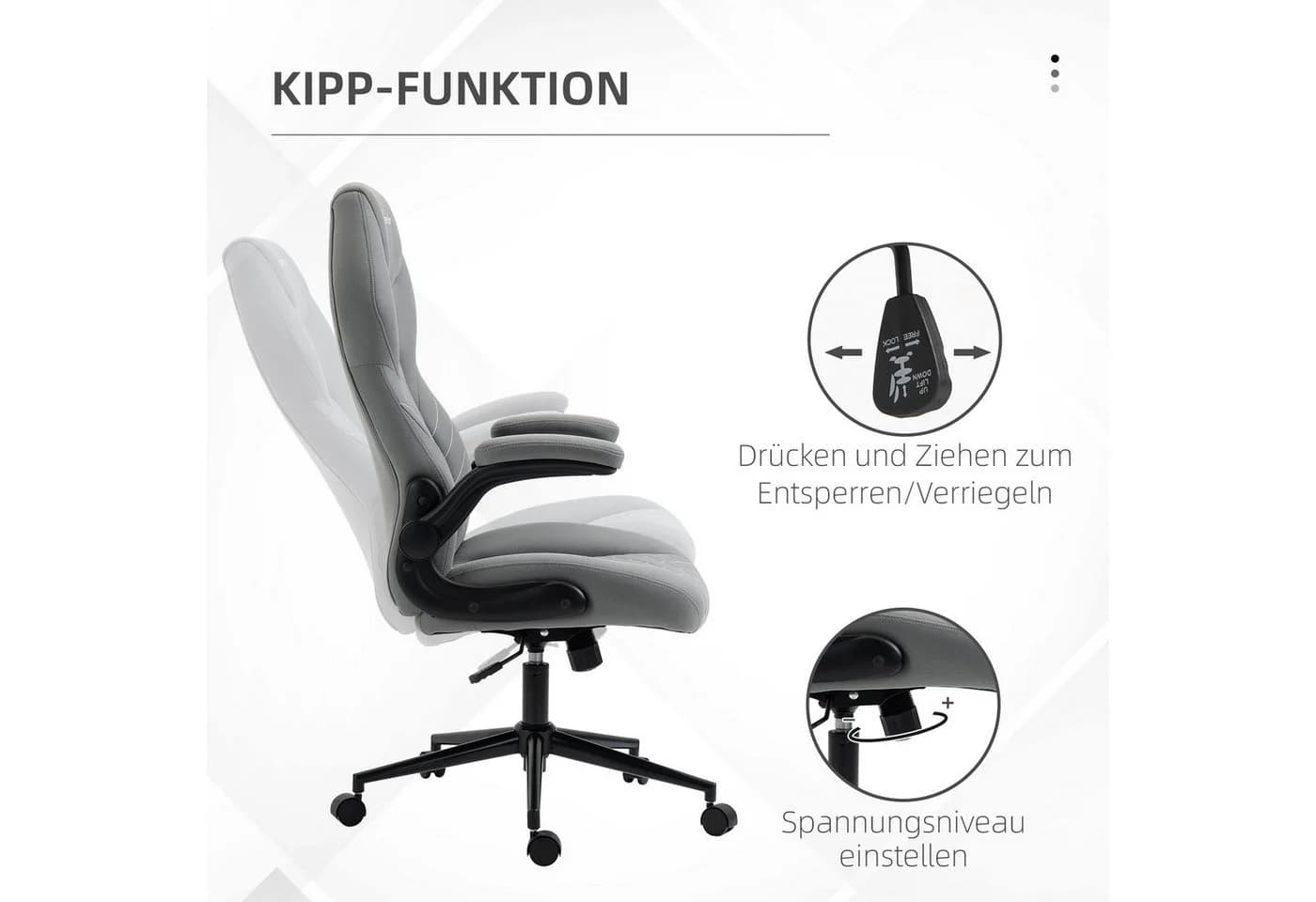Vinsetto Bürostuhl Hellgrau Höhenverstellbar mit Klapparmlehnen - Bild 5