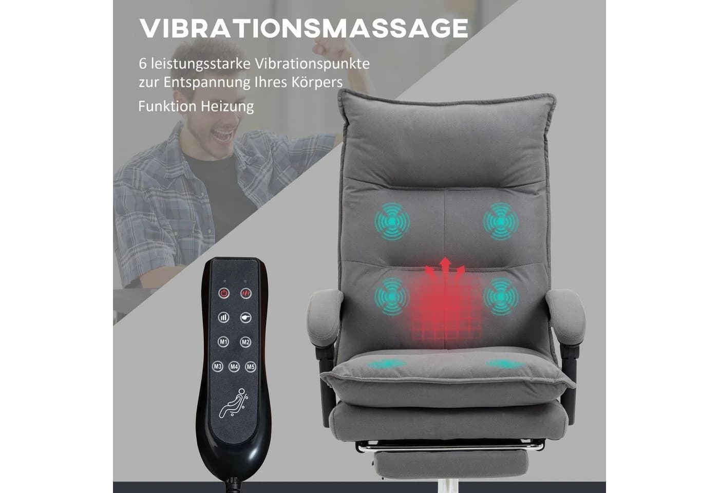 Vinsetto Massage-Bürostuhl Grau mit Fußstütze und Heizung - Bild 4