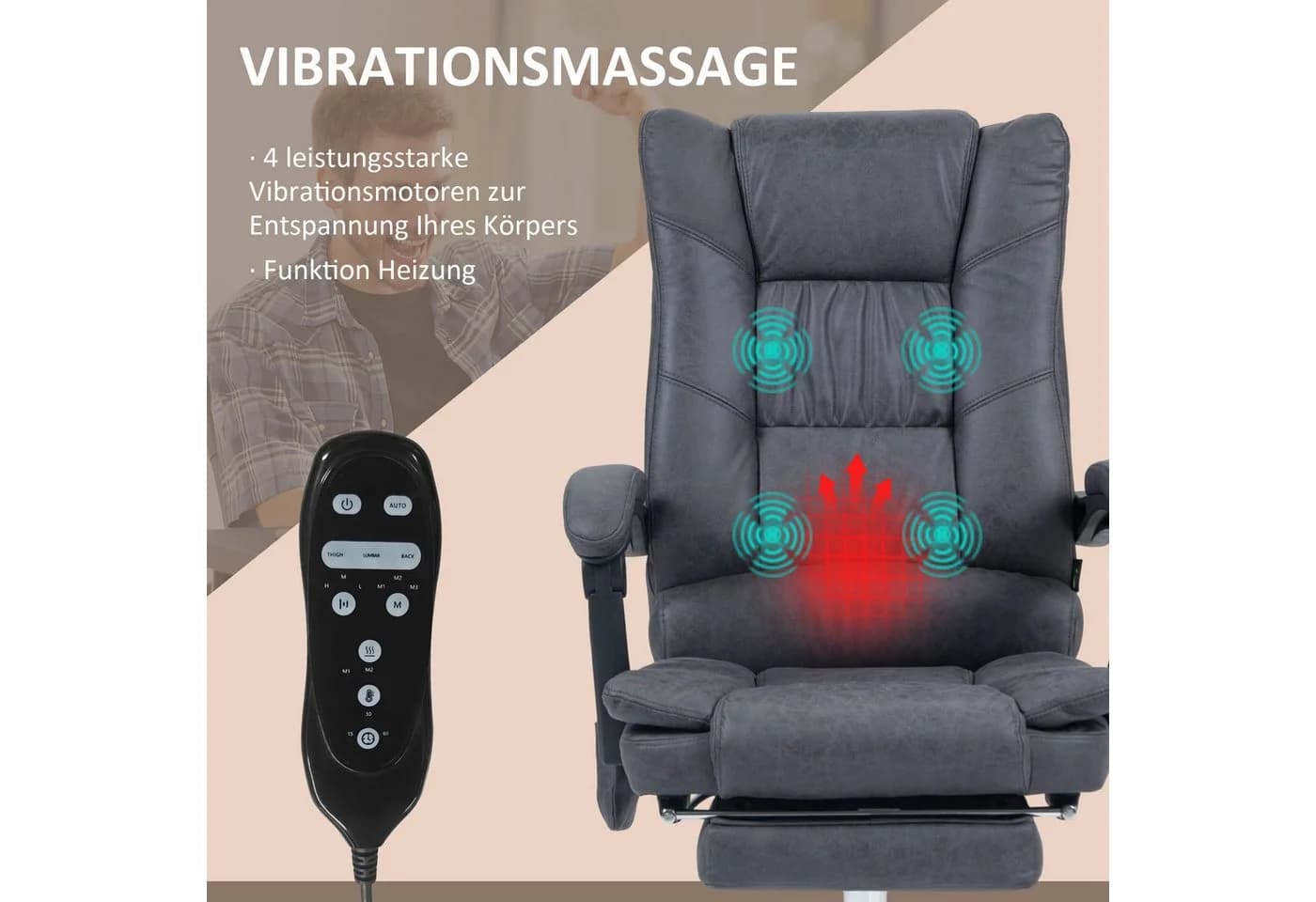 Vinsetto Massage-Bürostuhl mit Heizfunktion und Lendenwirbelstütze, grau - Bild 4