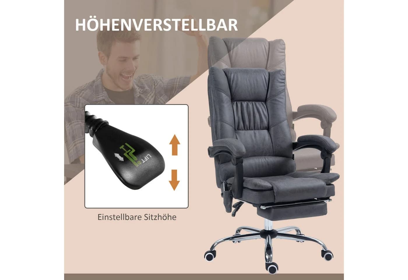 Vinsetto Massage-Bürostuhl mit Heizfunktion und Lendenwirbelstütze, grau - Bild 5