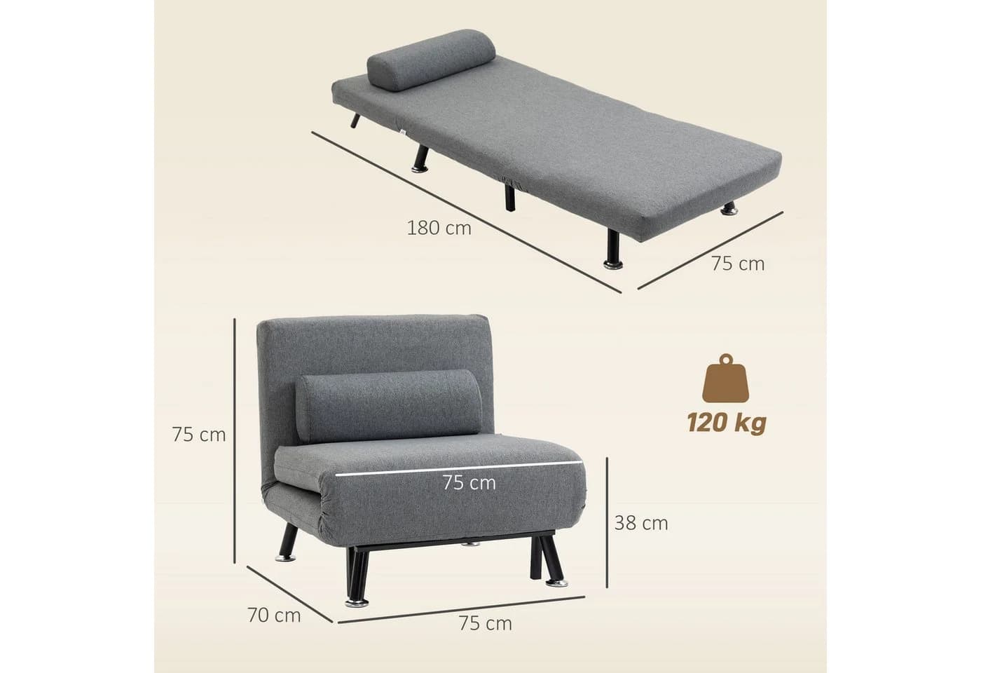 HOMCOM Sessel Schlafsofa Dunkelgrau mit Schlaffunktion - Bild 3