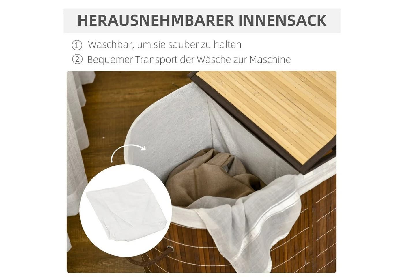 HOMCOM Wäschekorb 100L Bambus Braun mit 2 Fächern und Deckel - Bild 5