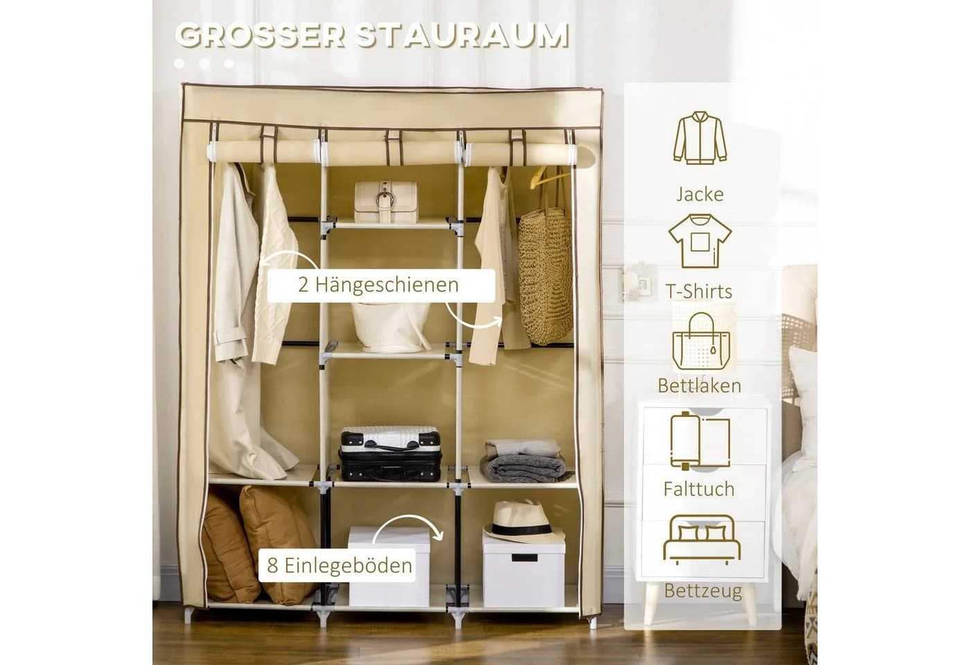 HOMCOM Stoffschrank Beige Faltbar mit 2 Stangen - Bild 4