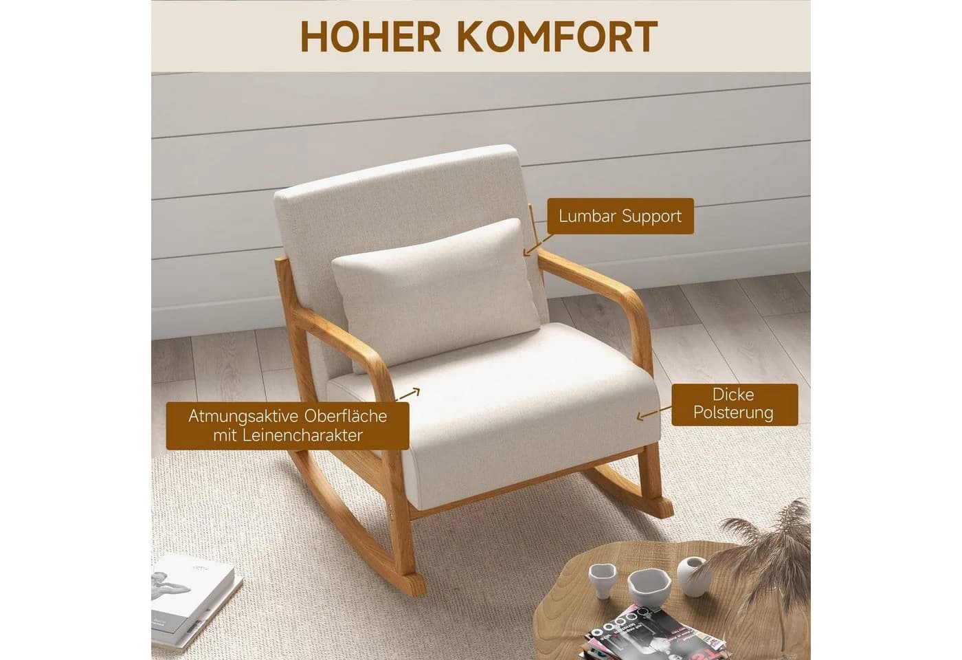 HOMCOM Schaukelstuhl Creme mit weicher Polsterung und Lendenwirbelstütze - Bild 5