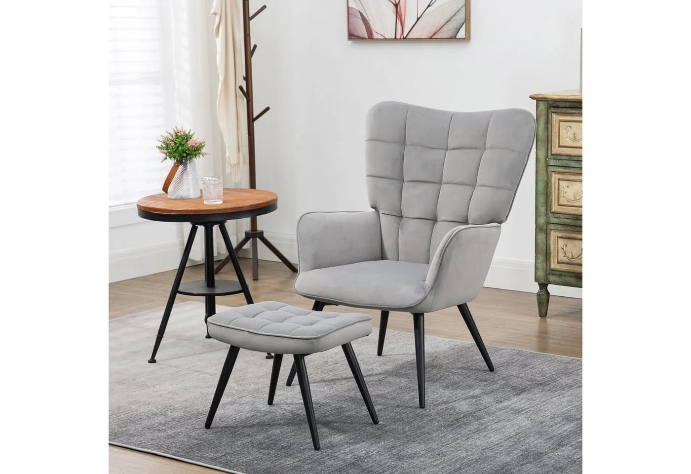 HOMCOM Relaxsessel mit Hocker Hellgrau Samt Optik - Bild 2