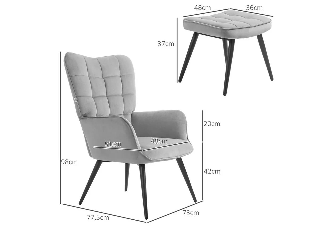 HOMCOM Relaxsessel mit Hocker Hellgrau Samt Optik - Bild 3