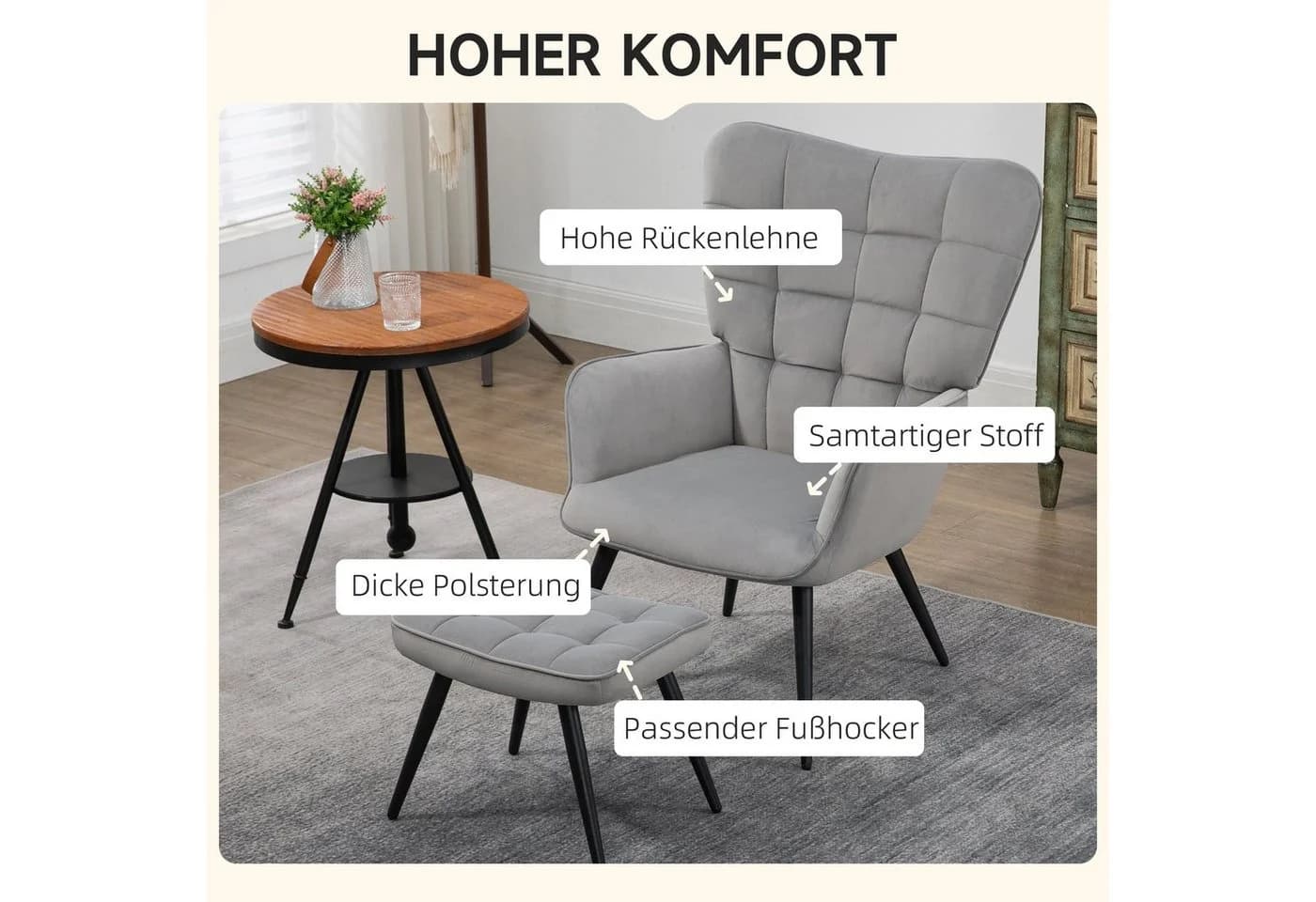 HOMCOM Relaxsessel mit Hocker Hellgrau Samt Optik - Bild 4