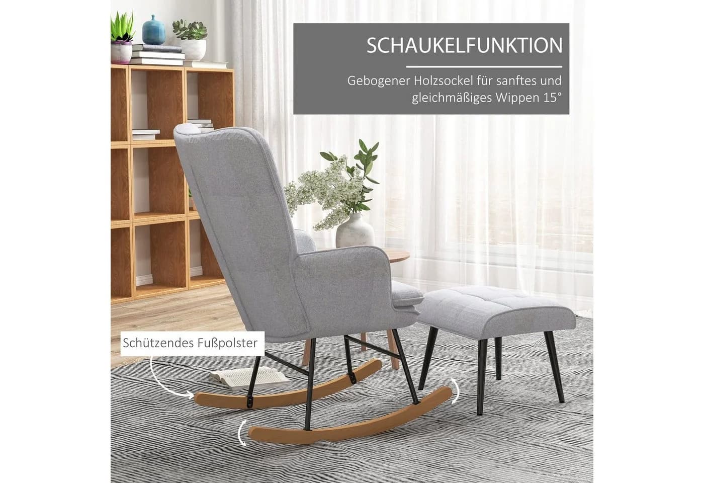 HOMCOM Schaukelsessel mit Hocker Hellgrau Buchenholz - Bild 4