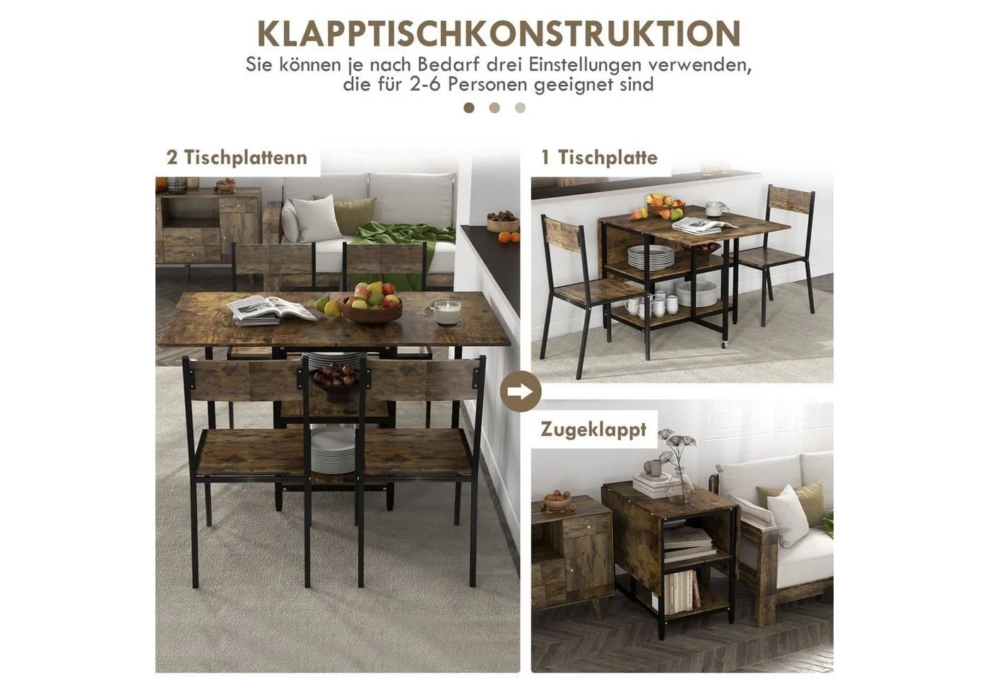 HOMCOM Klapptisch mit 2 Ablagen Rustikal-Braun - Bild 4