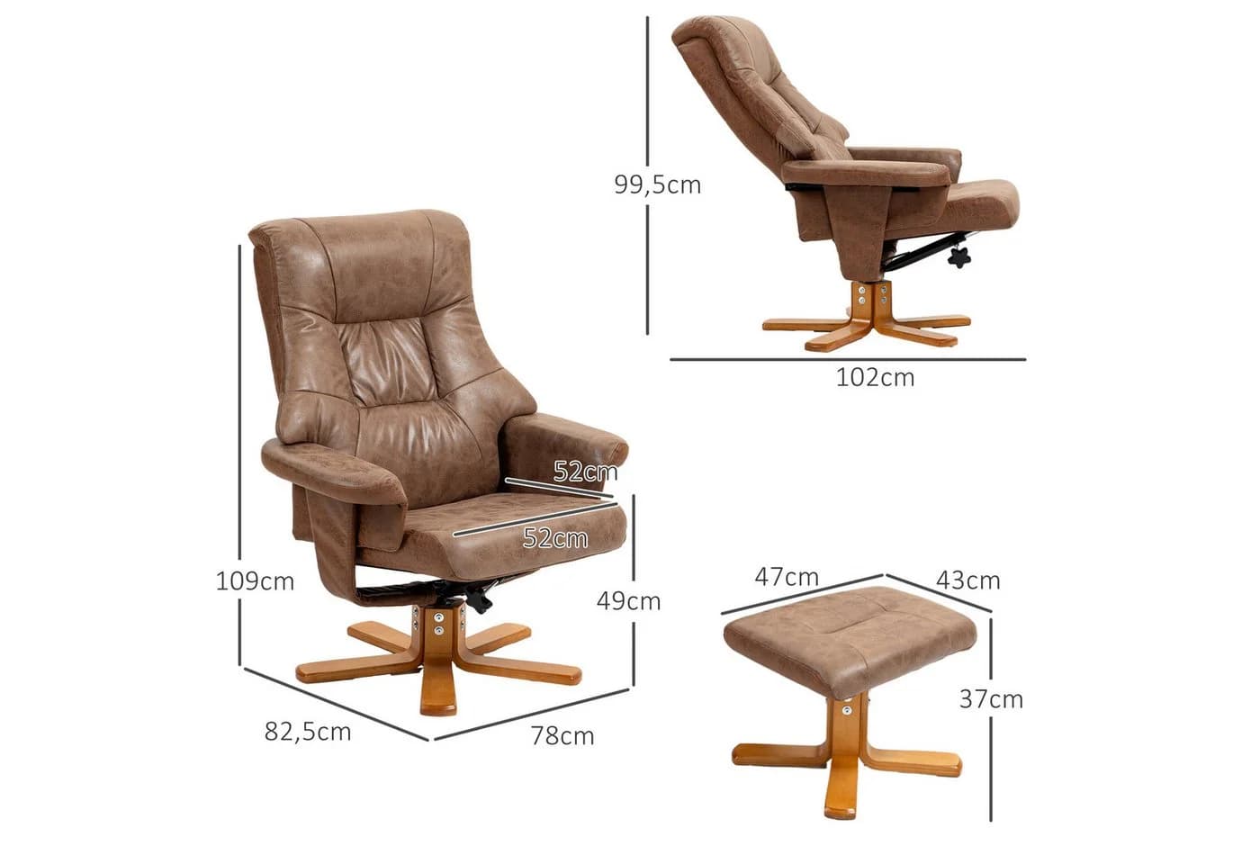 HOMCOM Polsterstuhl Relaxsessel mit Hocker, Drehbar, Mikrofaser Braun - Bild 3