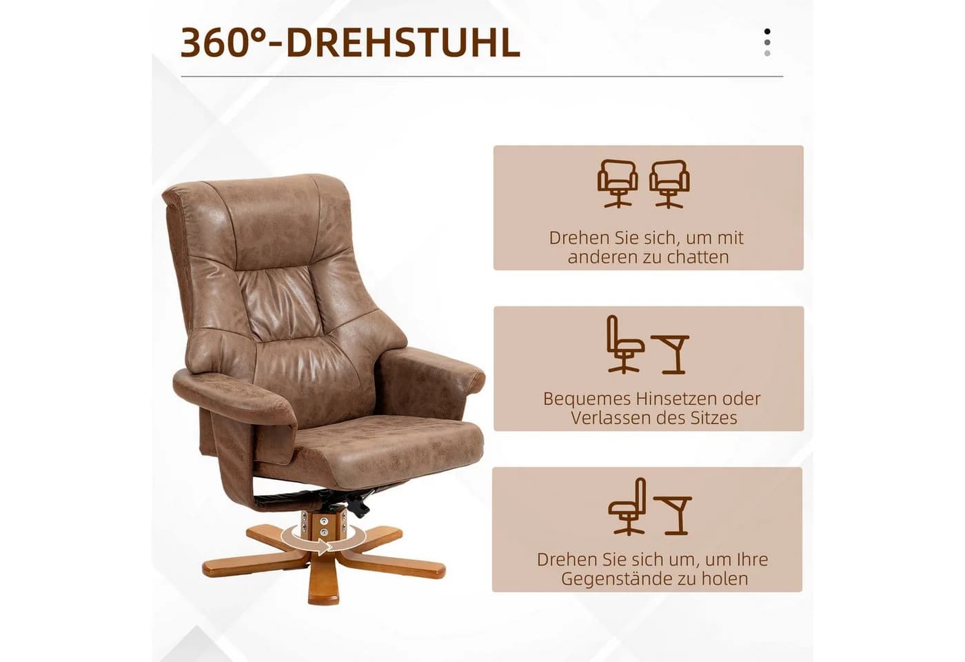 HOMCOM Polsterstuhl Relaxsessel mit Hocker, Drehbar, Mikrofaser Braun - Bild 4