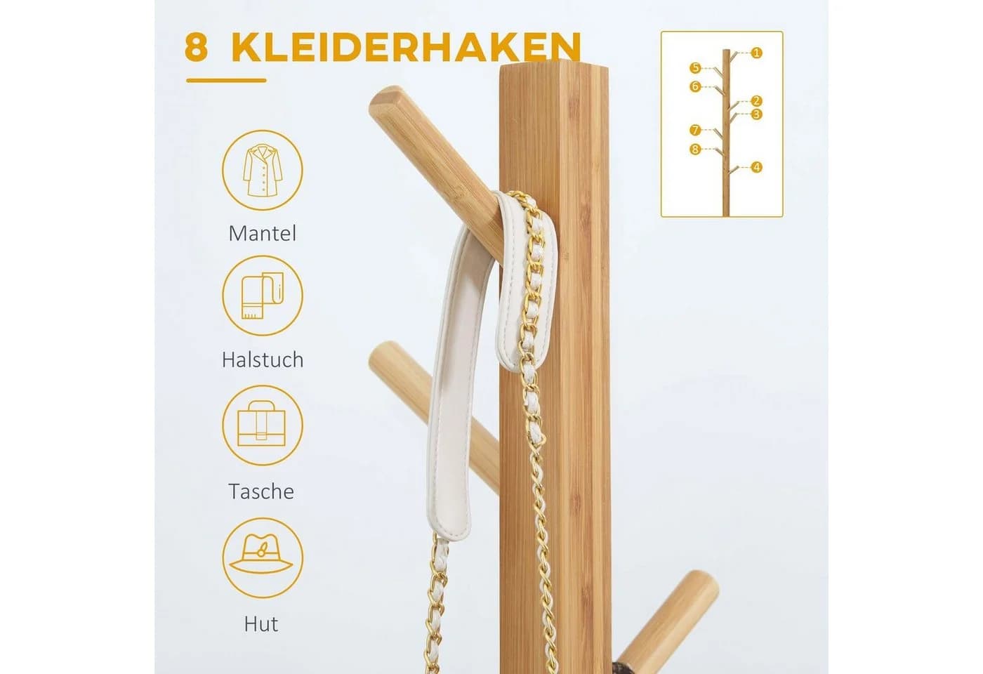 HOMCOM Bambus Garderobe mit 8 Haken Natur - Bild 4
