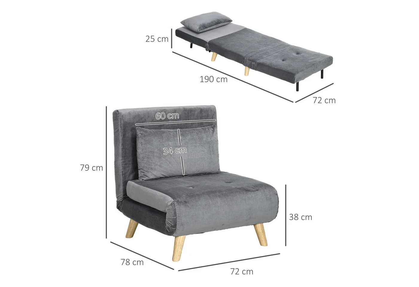 HOMCOM Schlafsofa Schlafsessel Grau mit Schlaffunktion und verstellbarer Lehne - Bild 3