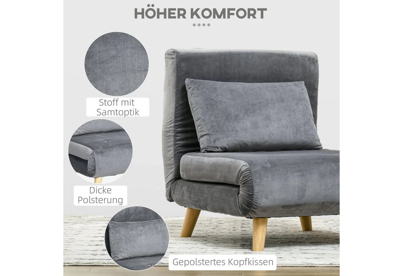 HOMCOM Schlafsofa Schlafsessel Grau mit Schlaffunktion und verstellbarer Lehne - Bild 4
