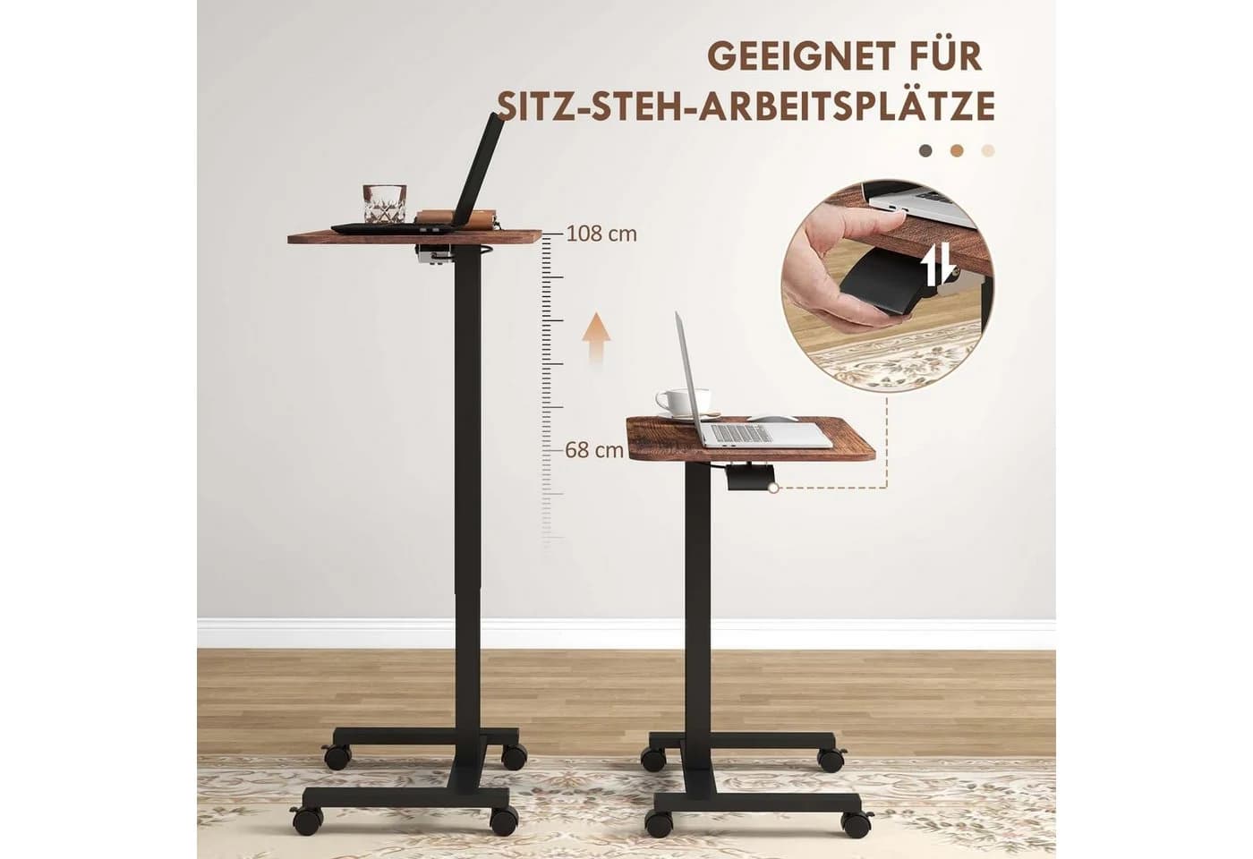 Vinsetto Schreibtisch Höhenverstellbar mit Rollen Rustikal-Braun - Bild 4