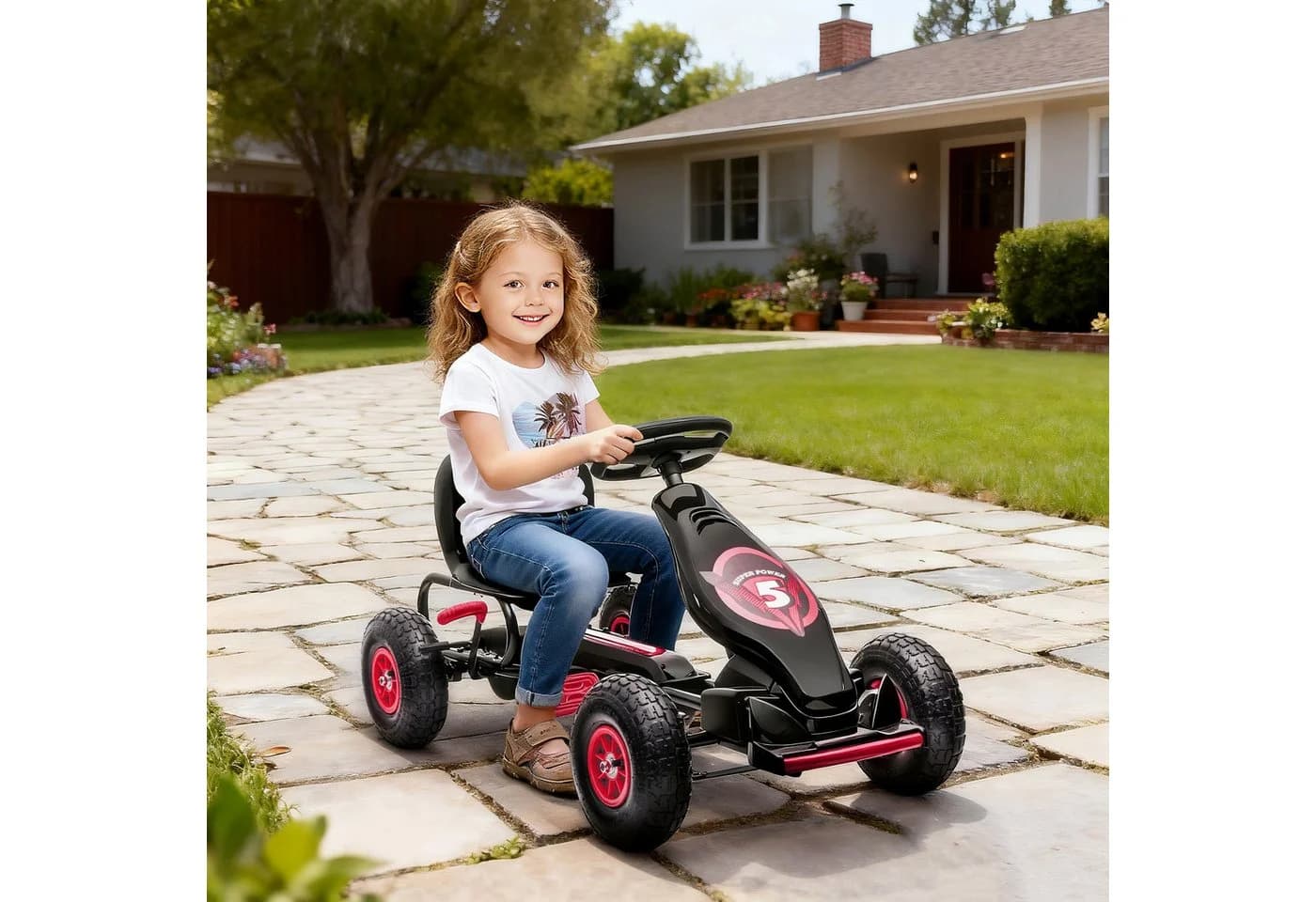 HOMCOM Go-Kart Kettcar Tretauto mit Gummireifen Rot+Schwarz - Bild 2