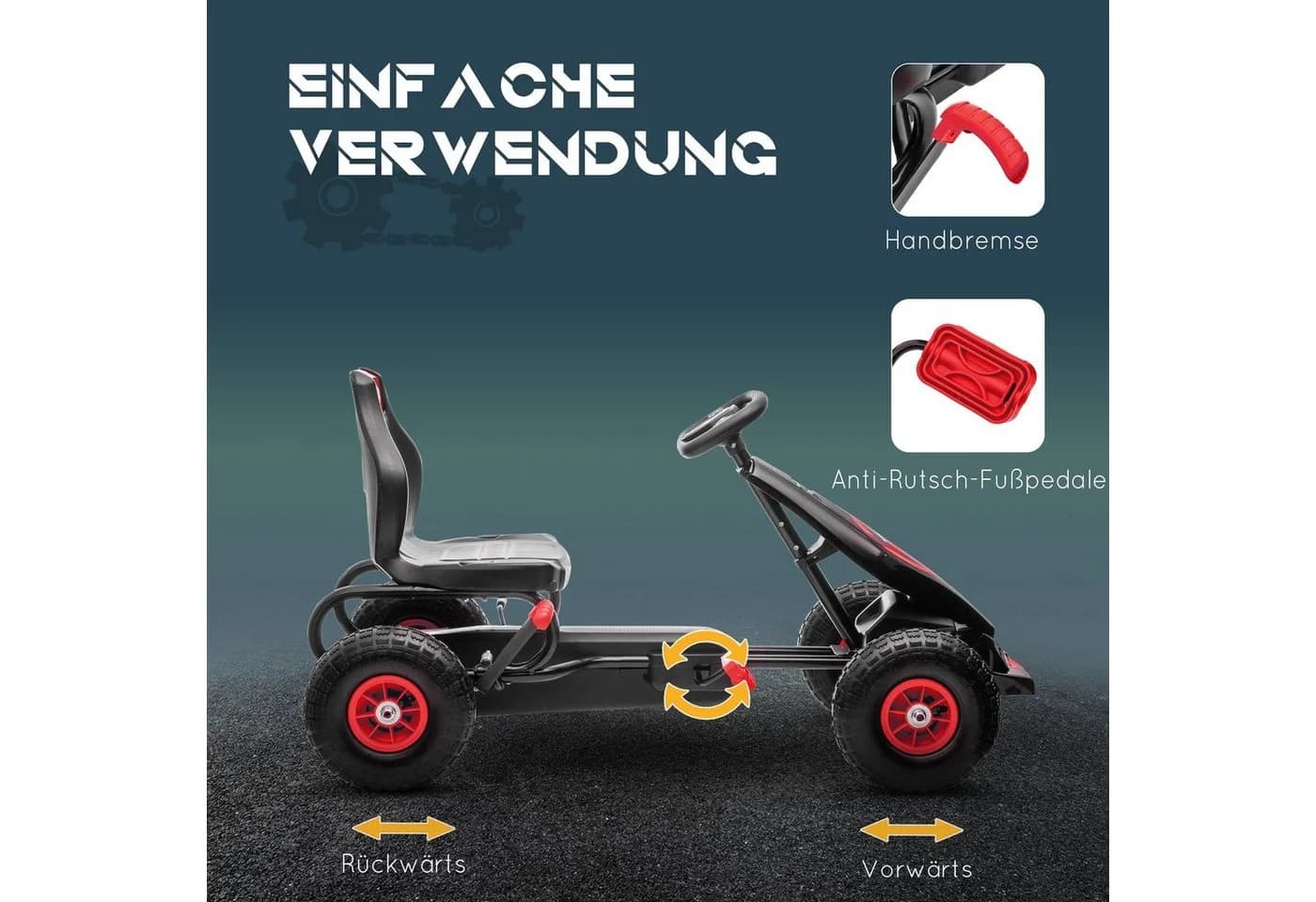 HOMCOM Go-Kart Kettcar Tretauto mit Gummireifen Rot+Schwarz - Bild 5