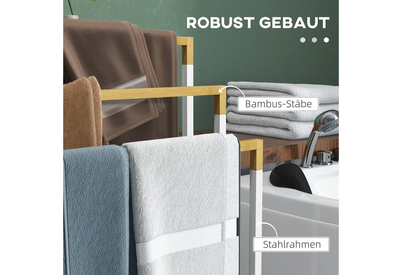 Kleankin Handtuchhalter Freistehend 3 Stangen Bambus Stahl Weiß/Schwarz - Bild 5