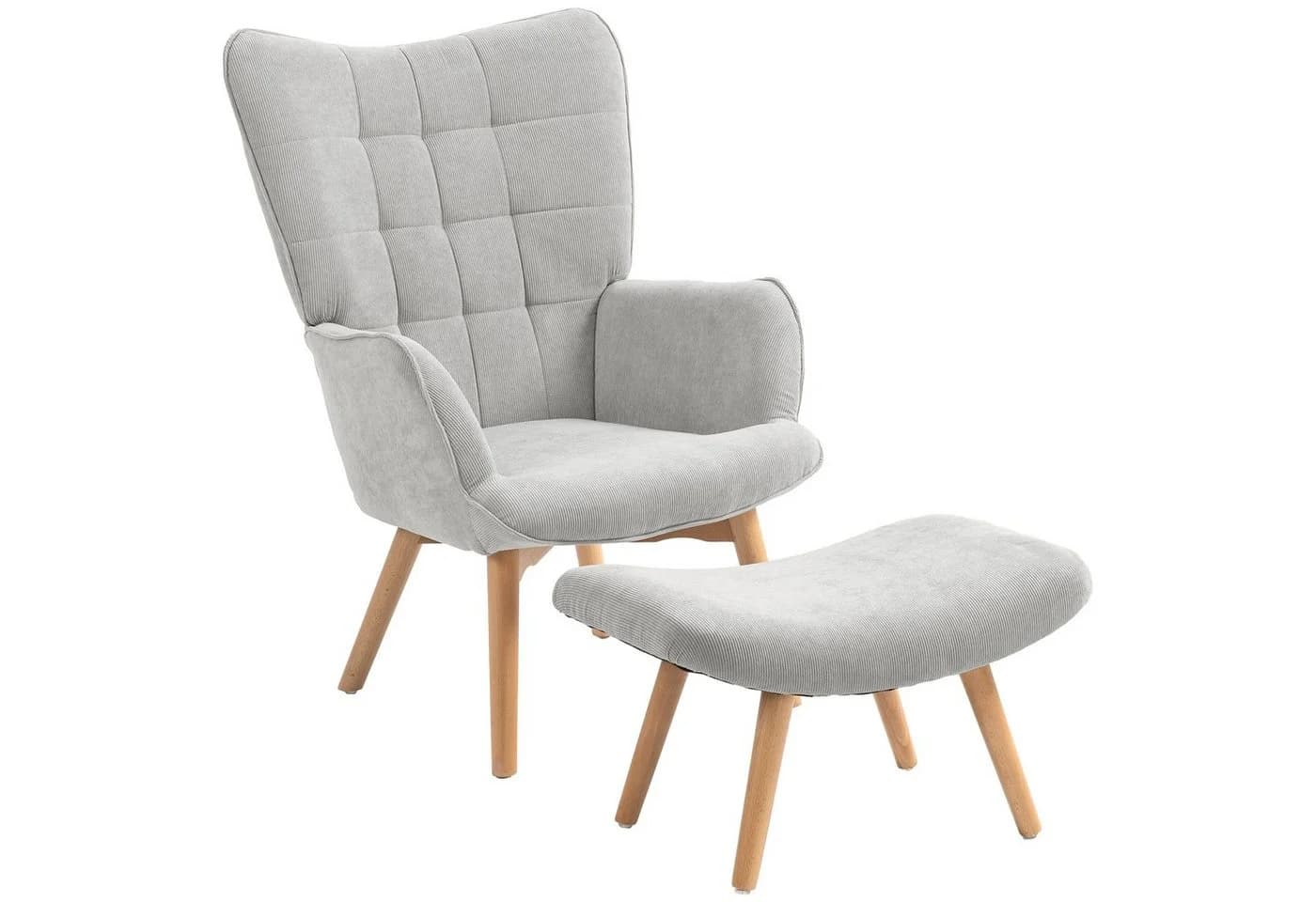 HOMCOM Relaxsessel Ohrensessel mit Hocker Grau Cord-Optik