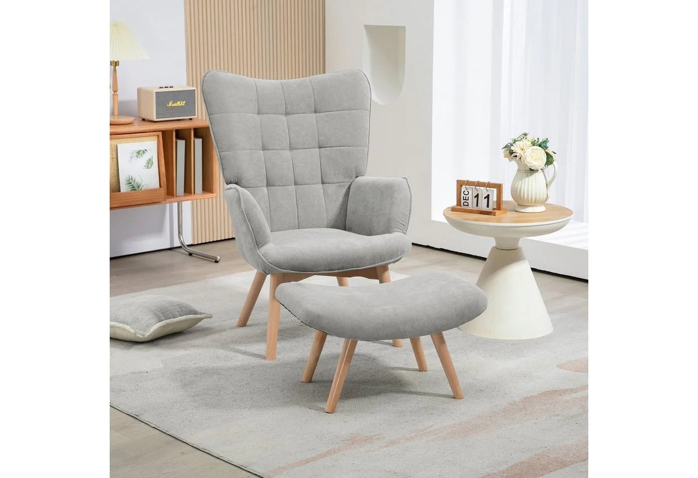 HOMCOM Relaxsessel Ohrensessel mit Hocker Grau Cord-Optik - Bild 2