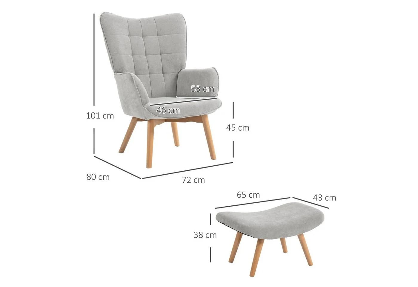 HOMCOM Relaxsessel Ohrensessel mit Hocker Grau Cord-Optik - Bild 3