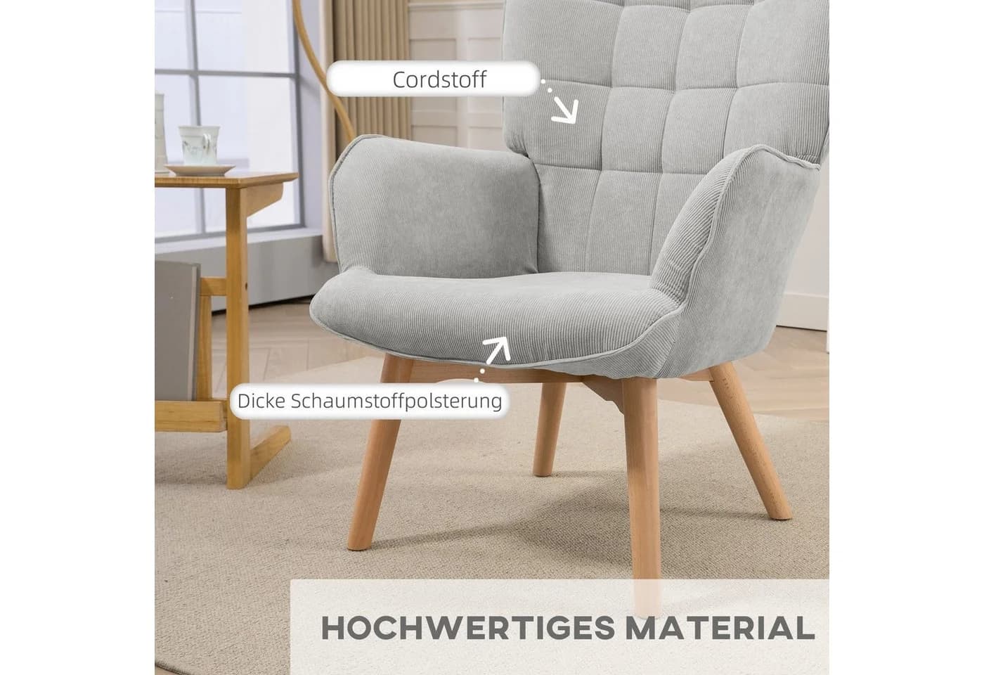 HOMCOM Relaxsessel Ohrensessel mit Hocker Grau Cord-Optik - Bild 4
