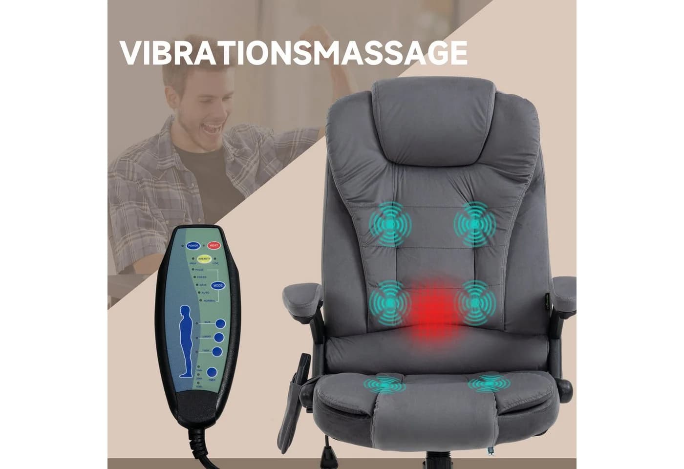 Vinsetto Schreibtischstuhl mit Massage, Heizung und Liegefunktion, Grau - Bild 4