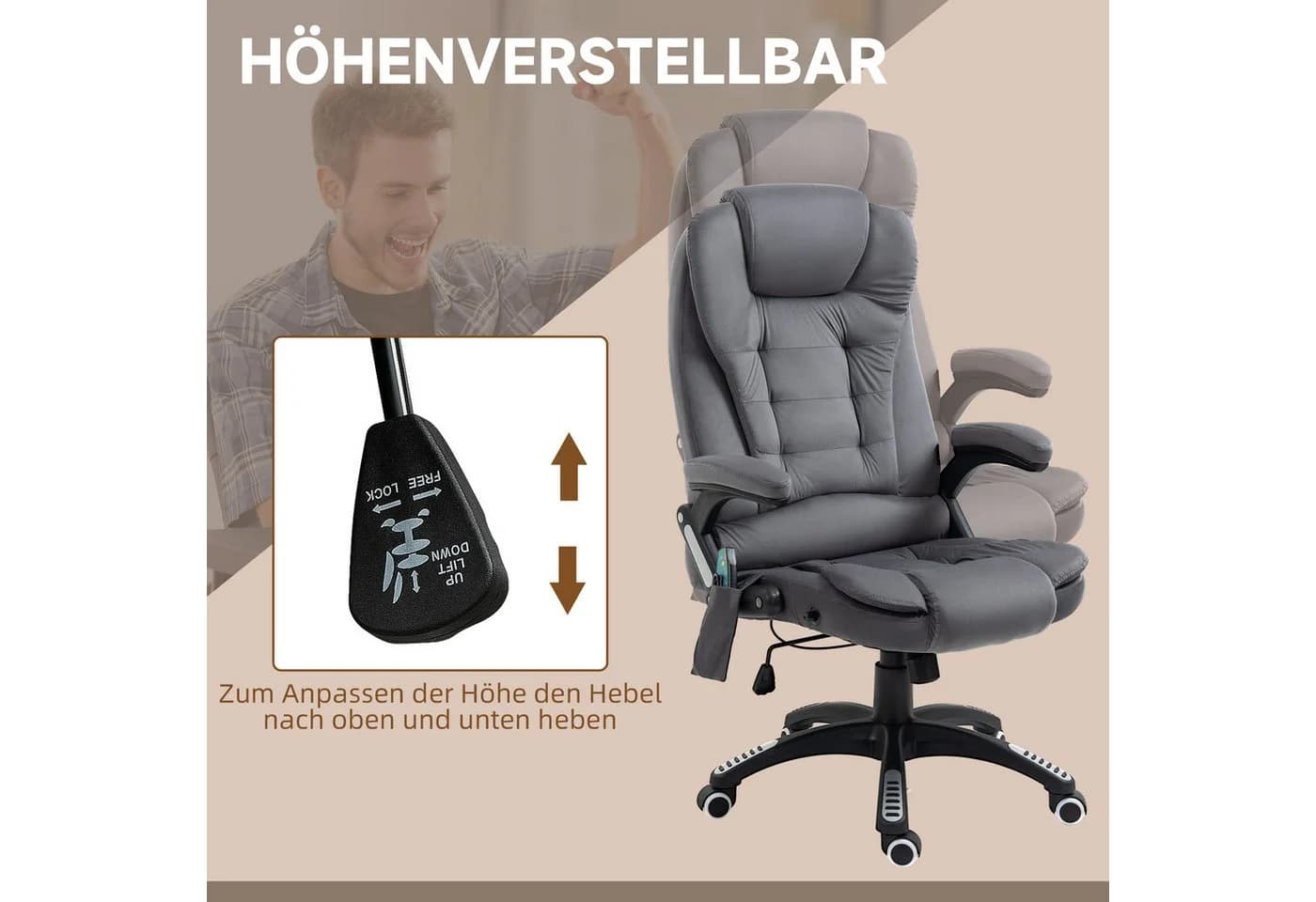 Vinsetto Schreibtischstuhl mit Massage, Heizung und Liegefunktion, Grau - Bild 5