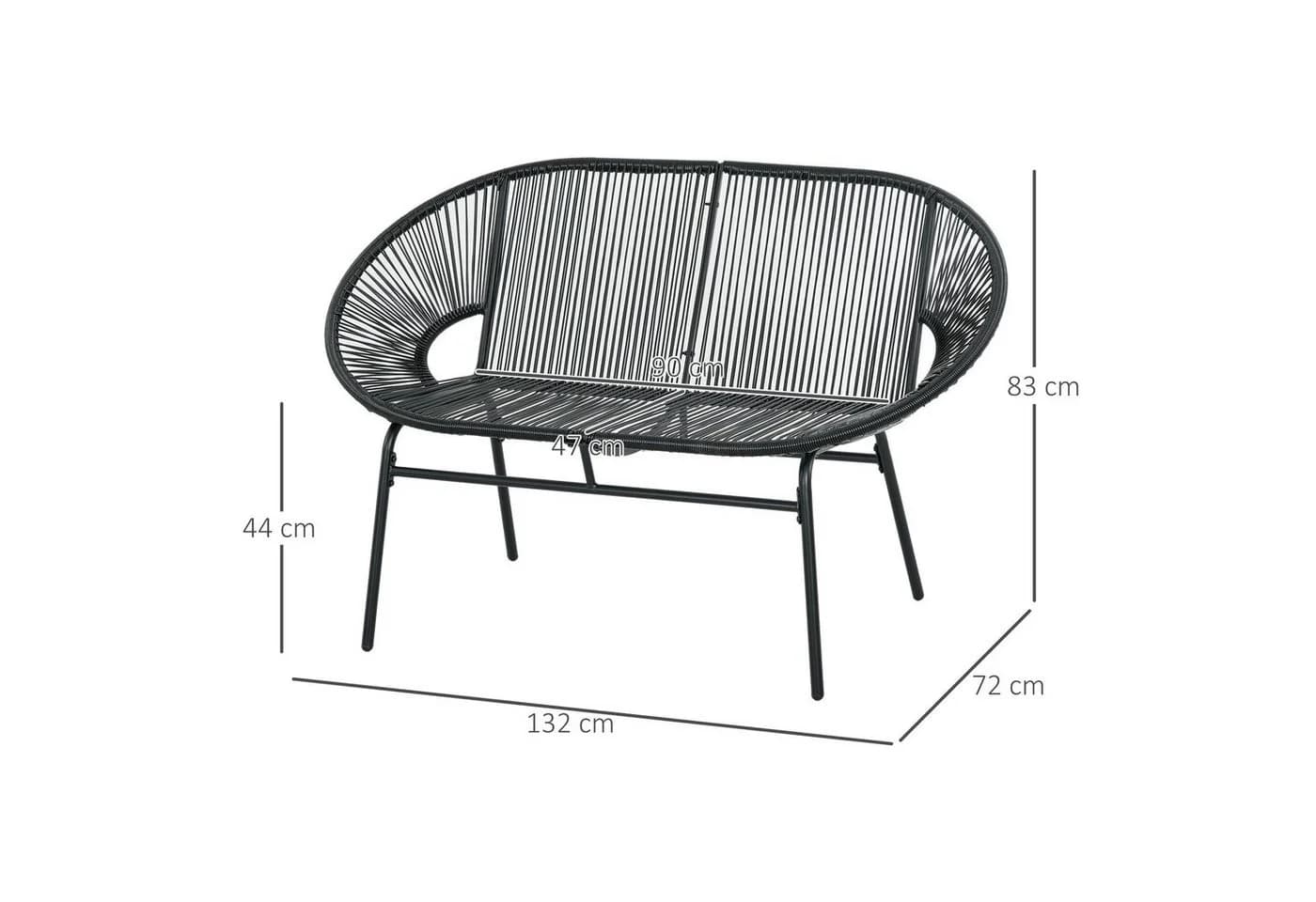 Outsunny Gartenbank 2-Sitzer Schwarz PE-Rattan Stahlrahmen - Bild 3
