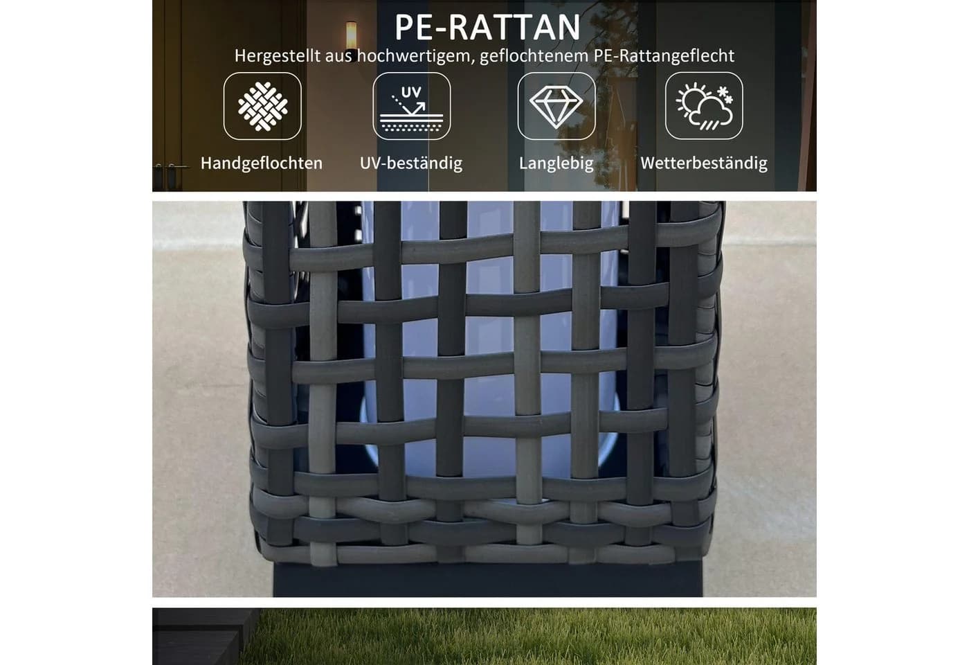 Outsunny LED Solarleuchte Rattan Solarlampe, Wasserdichte Wegleuchte mit Lichtsensor, Solarbetrieben, Lichtsensor, Wasserdicht, LED, Weiß, Stahl, Grau - Bild 4