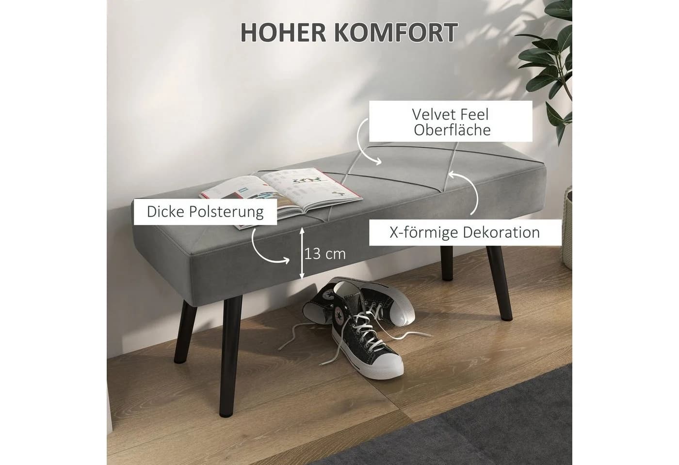 HOMCOM Polsterbank Grau Samtoptik X-Muster Sitzbank - Bild 4