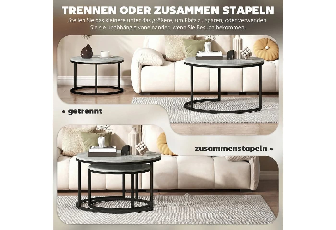 HOMCOM Runder Couchtisch Satztisch 2-tlg. Grau Marmoroptik - Bild 5