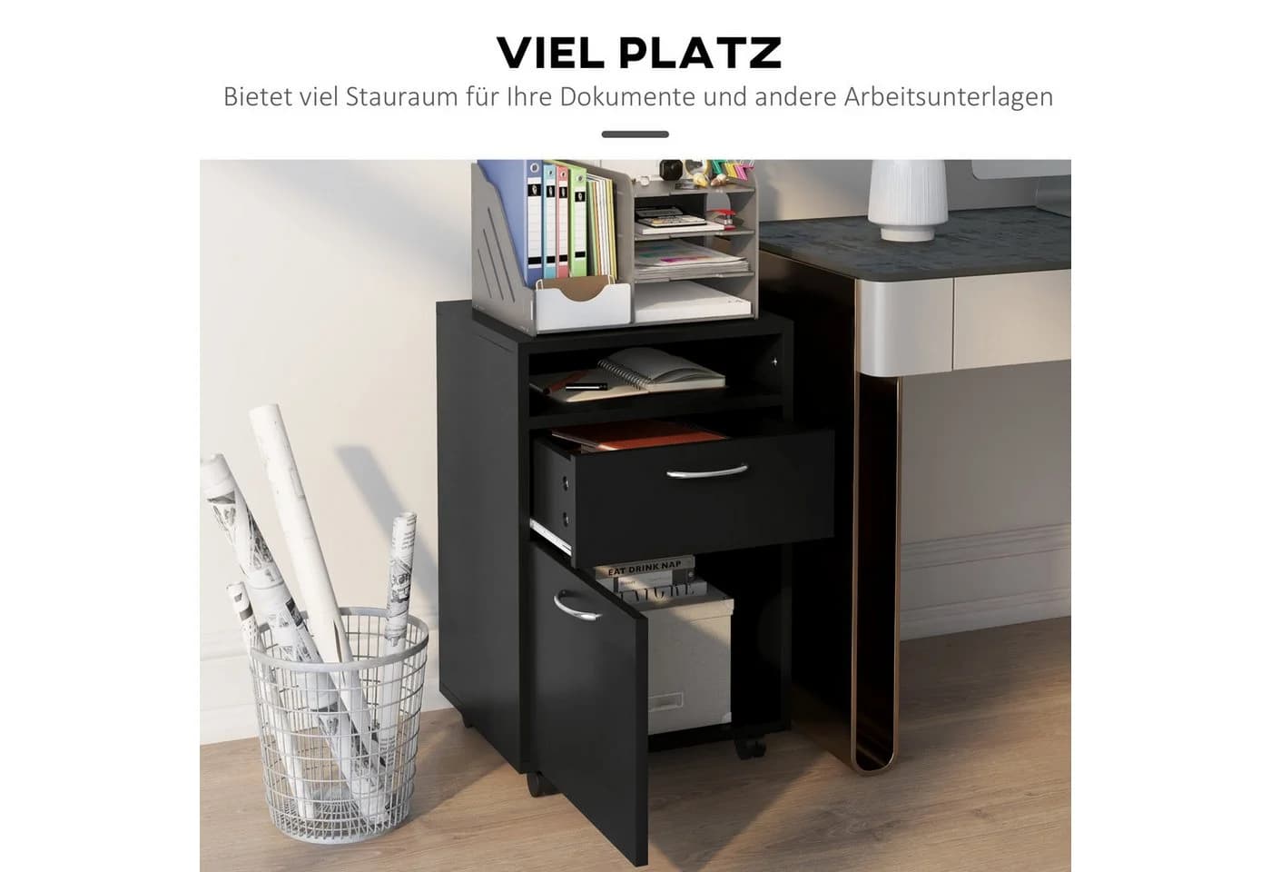 HOMCOM Rollcontainer Aktenschrank Schwarz mit Schublade und Rollen - Bild 4