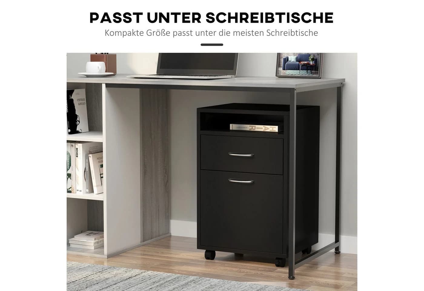 HOMCOM Rollcontainer Aktenschrank Schwarz mit Schublade und Rollen - Bild 5