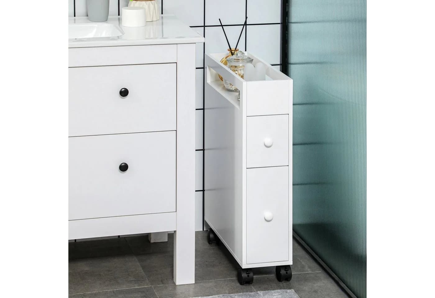HOMCOM Badkommode Badezimmerschrank mit Rollen, 2 Schubladen, Weiß - Bild 2