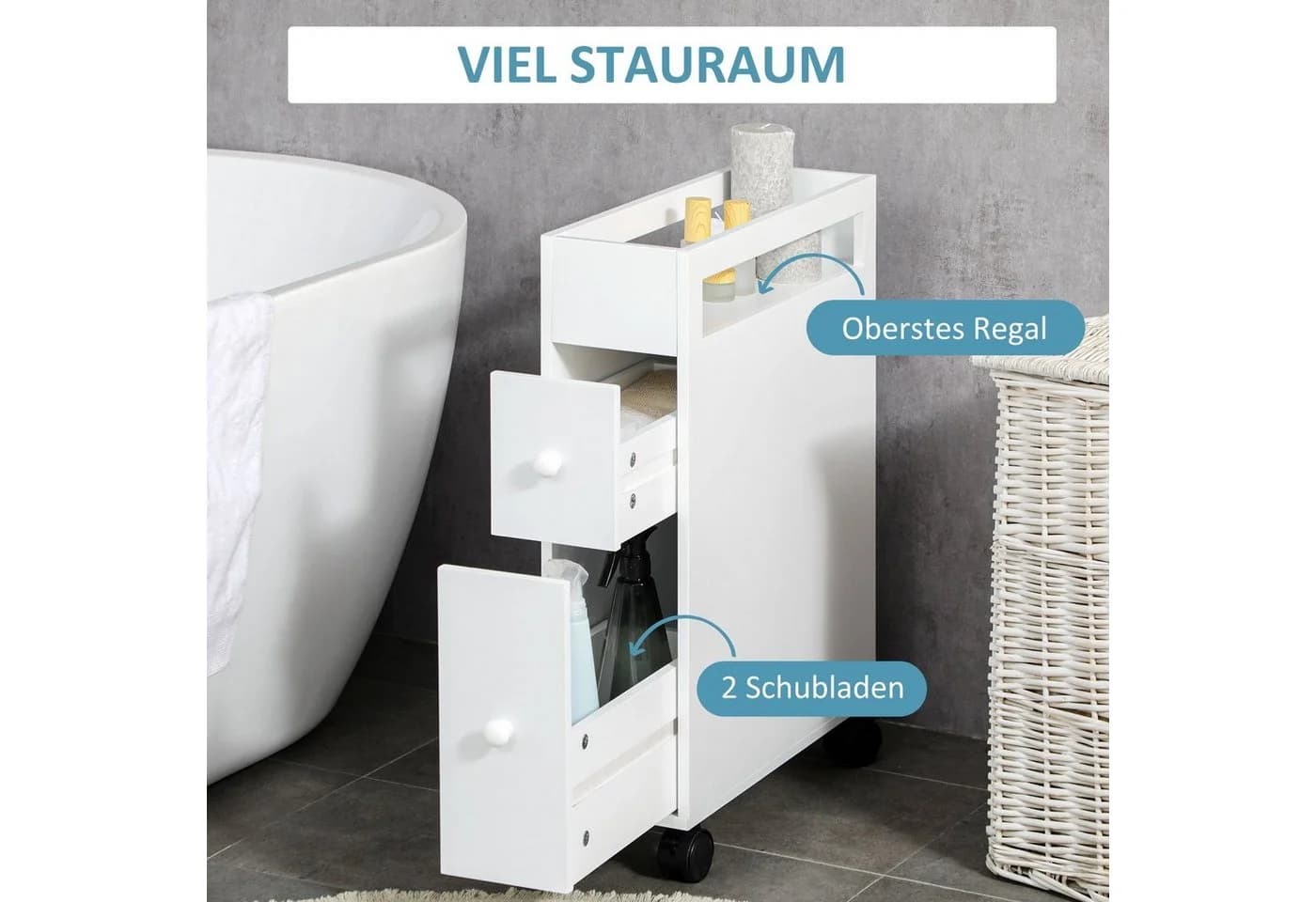 HOMCOM Badkommode Badezimmerschrank mit Rollen, 2 Schubladen, Weiß - Bild 4