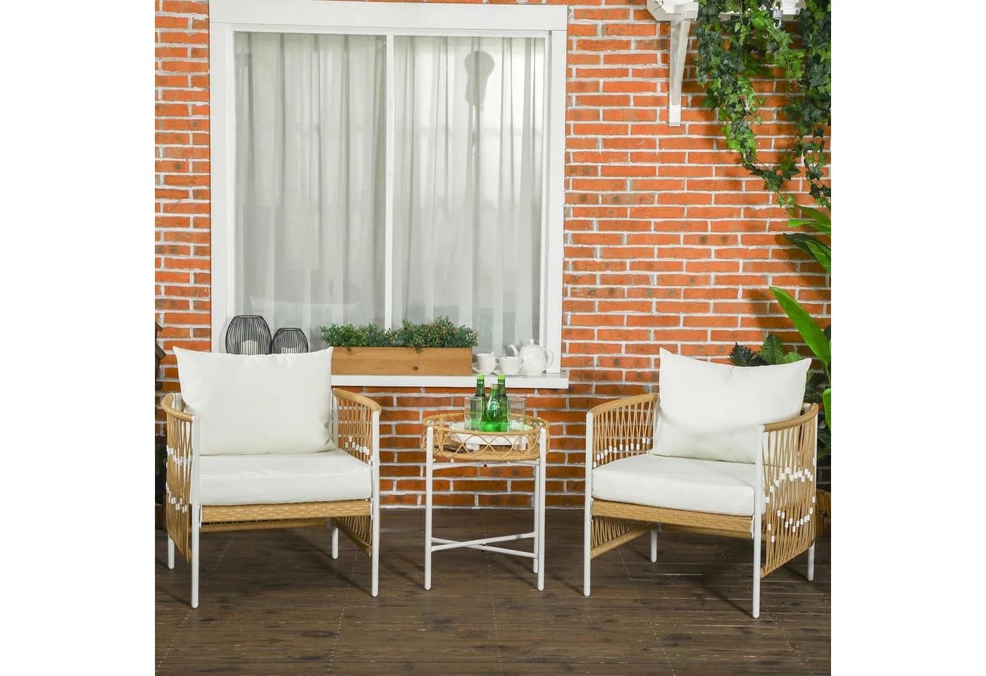 Outsunny Gartenlounge-Set 3-tlg. Gelb/Weiss PE-Rattan mit Kissen - Bild 2