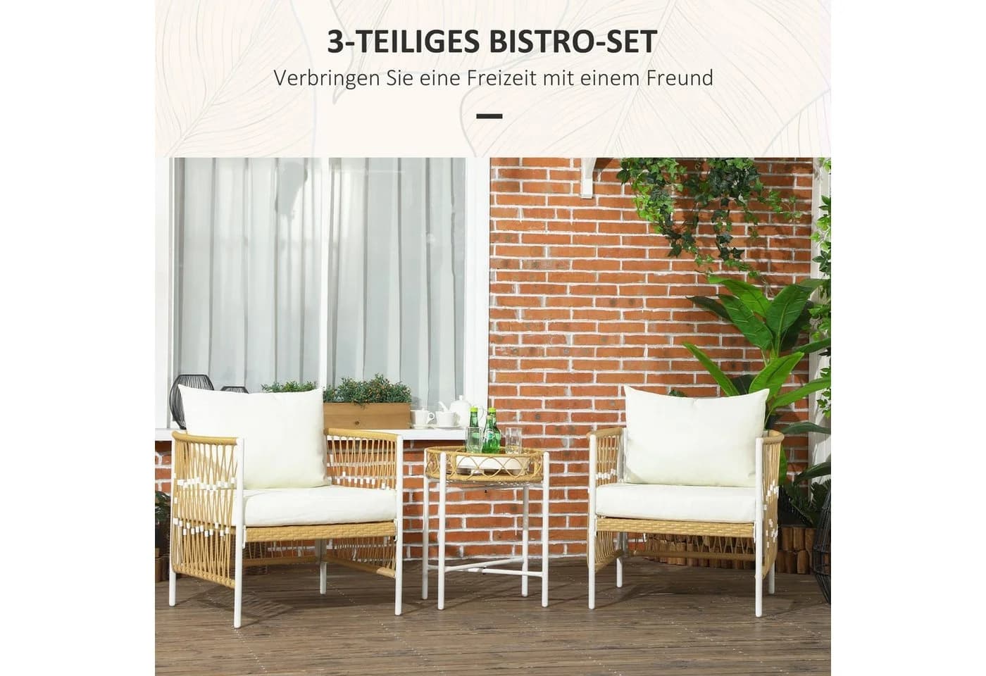 Outsunny Gartenlounge-Set 3-tlg. Gelb/Weiss PE-Rattan mit Kissen - Bild 4