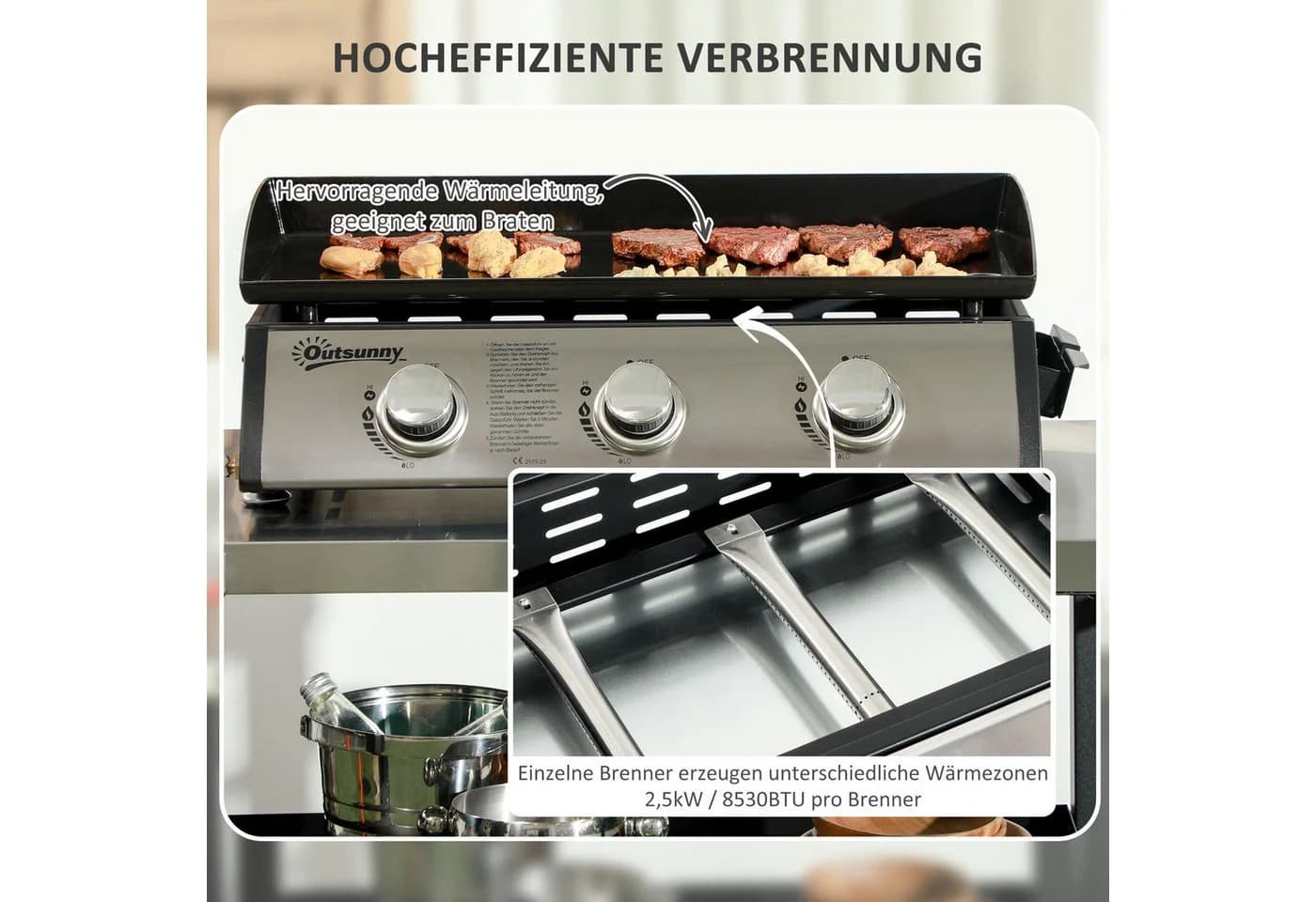 Outsunny Gasgrill Tischgrill 3 Brenner Schwarz Silber - Bild 4