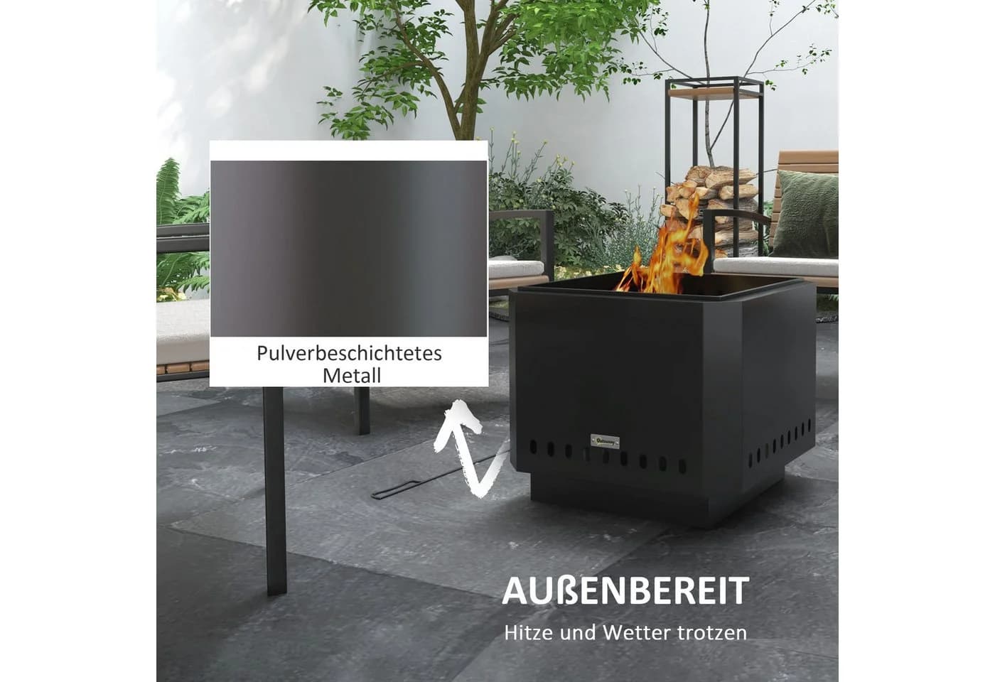 Outsunny Feuerschale Schwarz Metall Quadratisch mit Schürhaken - Bild 5